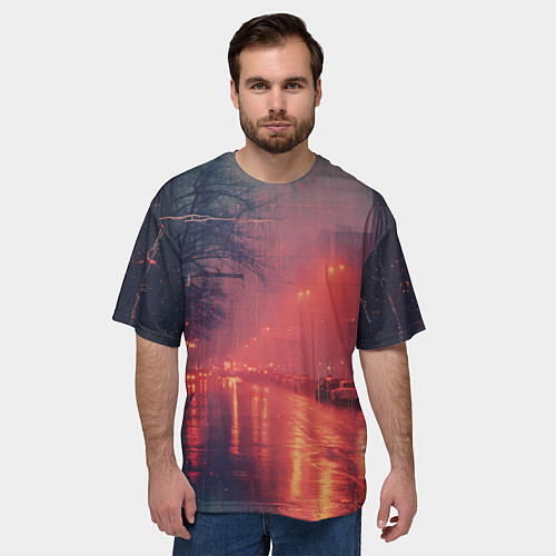 Мужская футболка оверсайз Ночные городские огни / 3D-принт – фото 3