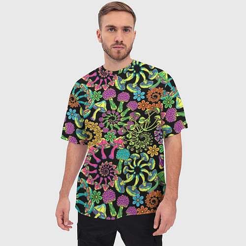 Мужская футболка оверсайз Магические красочные грибы с ромашками / 3D-принт – фото 3