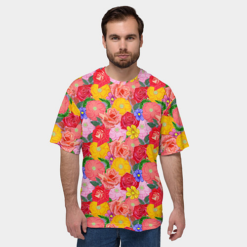 Мужская футболка оверсайз Летний цветочный фон / 3D-принт – фото 3