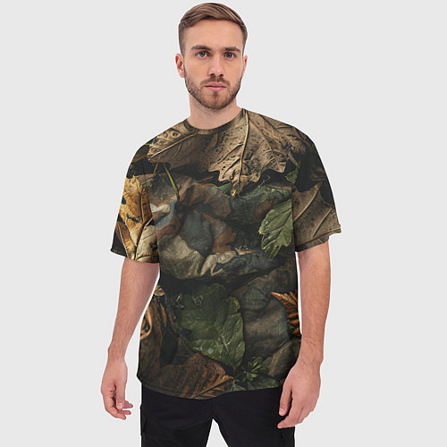 Мужская футболка оверсайз Реалистичный охотничий камуфляж из ткани и листьев / 3D-принт – фото 3