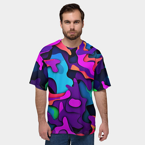 Мужская футболка оверсайз Яркий неоновый камуфляж / 3D-принт – фото 3