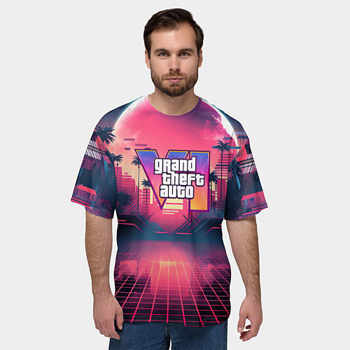 Мужская футболка оверсайз GTA 6 logo retro night / 3D-принт – фото 3