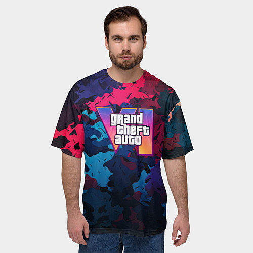 Мужская футболка оверсайз GTA 6 logo яркий неоновый камуфляжный стиль / 3D-принт – фото 3