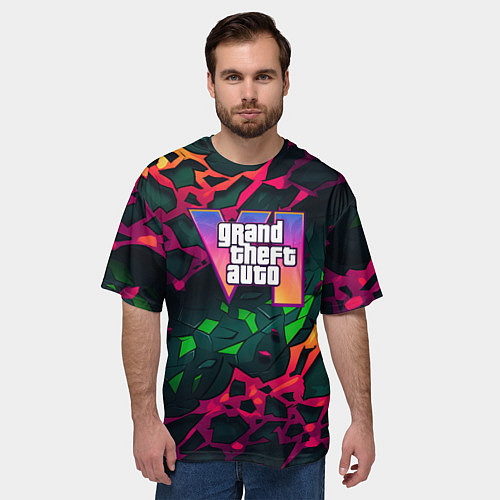 Мужская футболка оверсайз GTA 6 logo яркий неоновый камуфляжный стиль / 3D-принт – фото 3
