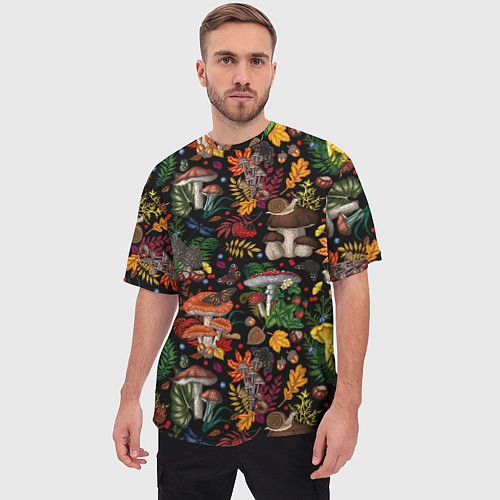 Мужская футболка оверсайз Фон с лесными грибами / 3D-принт – фото 3