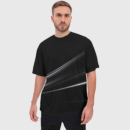 Мужская футболка оверсайз Белые полосы на черной абстракции / 3D-принт – фото 3