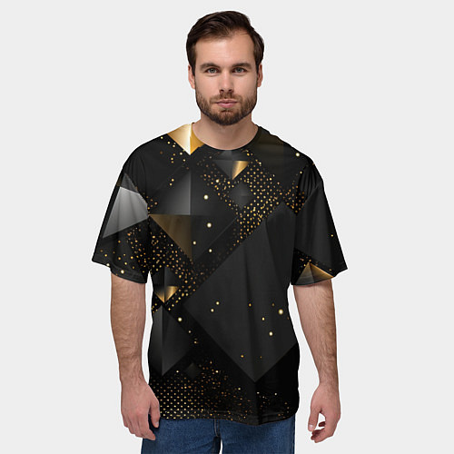 Мужская футболка оверсайз Золотые ромбы на черной абстракции / 3D-принт – фото 3