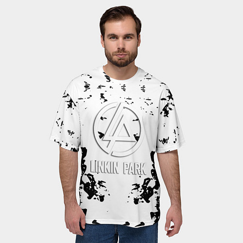 Мужская футболка оверсайз Linkin park краски лого чёрно белый / 3D-принт – фото 3