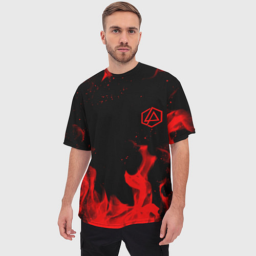 Мужская футболка оверсайз Linkin Park красный огонь лого / 3D-принт – фото 3