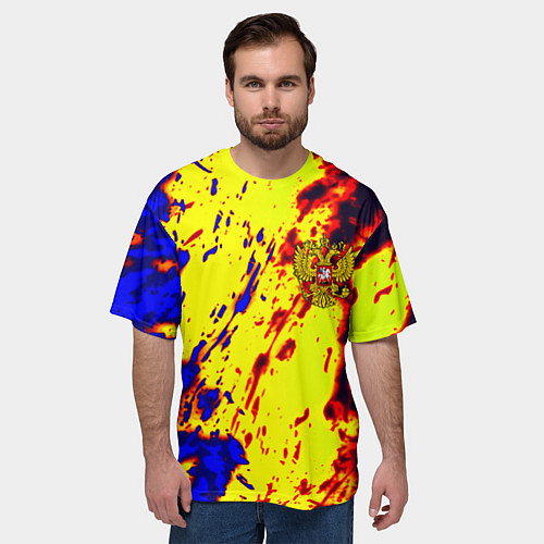 Мужская футболка оверсайз Герб РФ огненный стиль текстура / 3D-принт – фото 3
