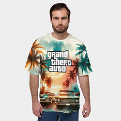 Футболка оверсайз мужская ГТА - пальмы и машины, цвет: 3D-принт — фото 2