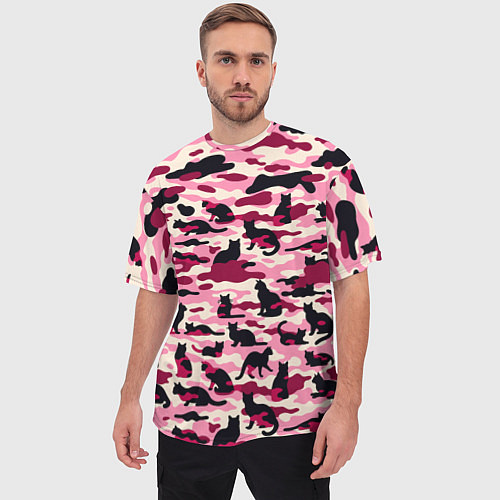 Мужская футболка оверсайз Камуфляжные розовые котики / 3D-принт – фото 3