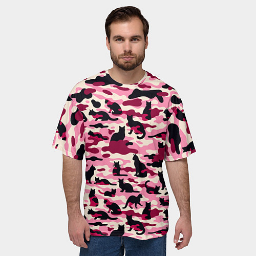 Мужская футболка оверсайз Камуфляжные розовые котики / 3D-принт – фото 3