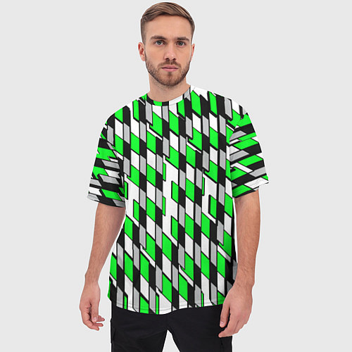 Мужская футболка оверсайз Киберпанк узор чёрно-зелёный на белом фоне / 3D-принт – фото 3