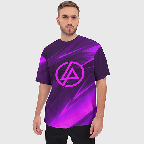 Мужская футболка оверсайз Linkin park neon stripes logo / 3D-принт – фото 3