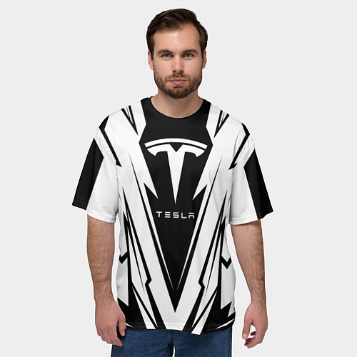Мужская футболка оверсайз Tesla - black and white / 3D-принт – фото 3