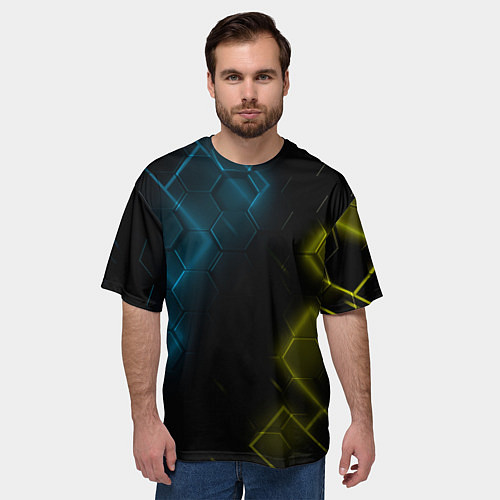 Мужская футболка оверсайз Нано соты и неон / 3D-принт – фото 3