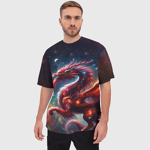 Мужская футболка оверсайз Красный космический дракон / 3D-принт – фото 3
