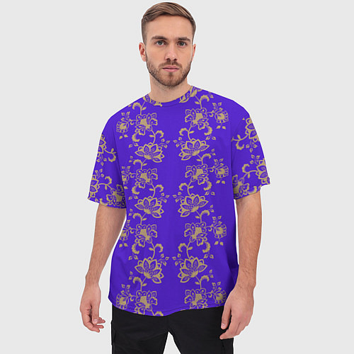 Мужская футболка оверсайз Контурные цветы на фиолетовом фоне / 3D-принт – фото 3