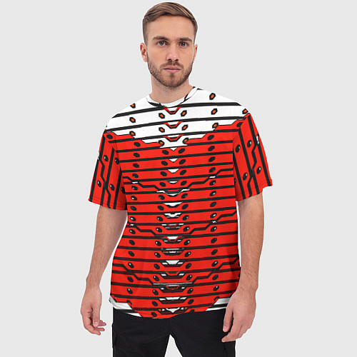Мужская футболка оверсайз Красно-белая техно броня / 3D-принт – фото 3