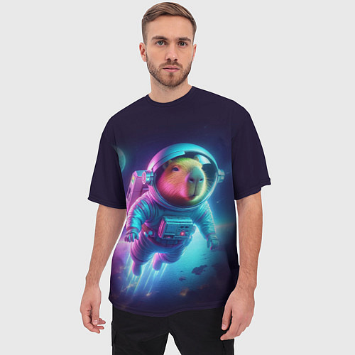 Мужская футболка оверсайз Полёт капибары в космосе - неон / 3D-принт – фото 3
