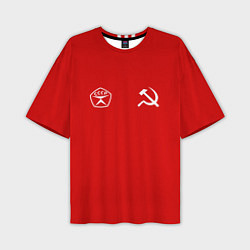 Мужская футболка оверсайз СССР гост три полоски на красном фоне