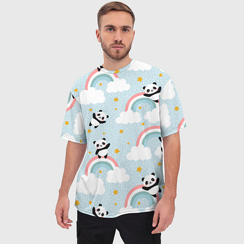 Мужская футболка оверсайз Панда на радуге / 3D-принт – фото 3