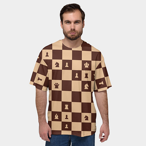 Мужская футболка оверсайз Коричневая шахматная доска / 3D-принт – фото 3