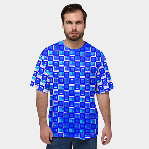Мужская футболка оверсайз Синие квадраты на белом фоне / 3D-принт – фото 3