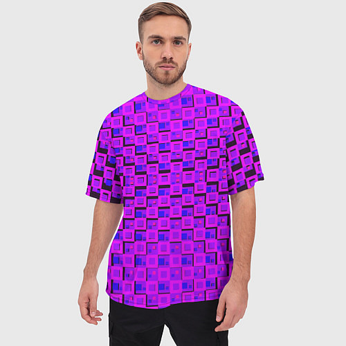 Мужская футболка оверсайз Фиолетовые квадраты на чёрном фоне / 3D-принт – фото 3