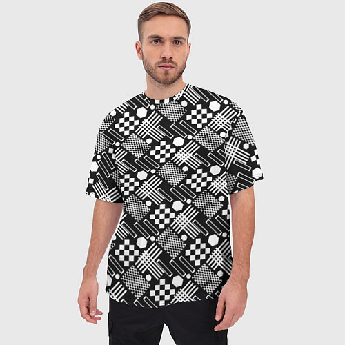 Мужская футболка оверсайз Черно белый узор из геометрических фигур / 3D-принт – фото 3