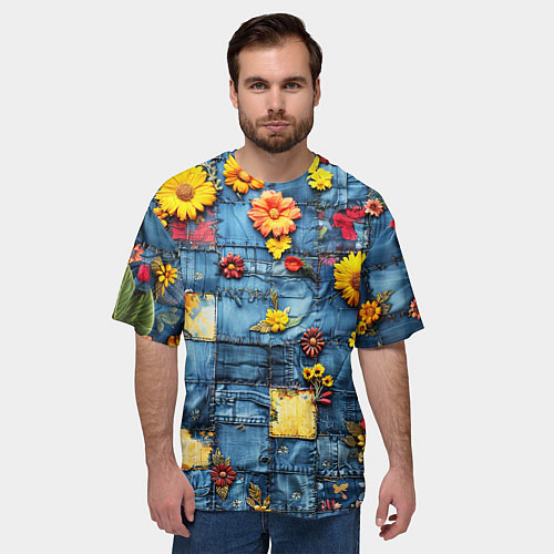 Мужская футболка оверсайз Подсолнухи на джинсах / 3D-принт – фото 3