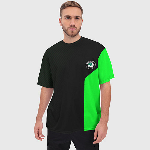 Мужская футболка оверсайз Skoda pattern sport green / 3D-принт – фото 3