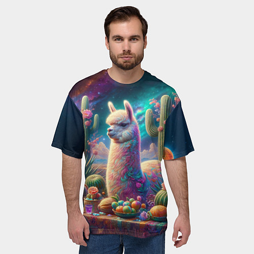 Мужская футболка оверсайз Альпака и кактусы на столе / 3D-принт – фото 3