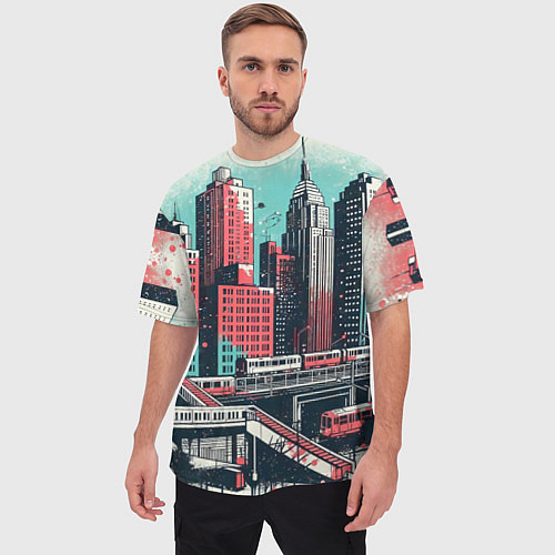 Мужская футболка оверсайз Силуэты небоскребов в брызгах красной и голубой кр / 3D-принт – фото 3