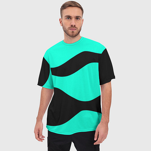 Мужская футболка оверсайз Бирюзовый в чёрные волнистые полосы абстракция / 3D-принт – фото 3