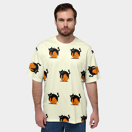 Мужская футболка оверсайз Черный котик на баскетбольном мяче узор / 3D-принт – фото 3
