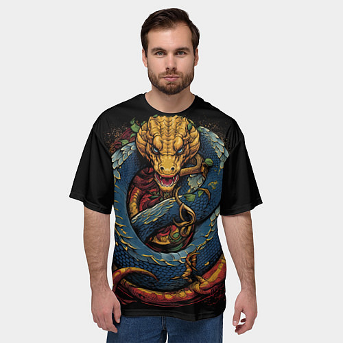 Мужская футболка оверсайз Желто-синий дракон муай-тай / 3D-принт – фото 3