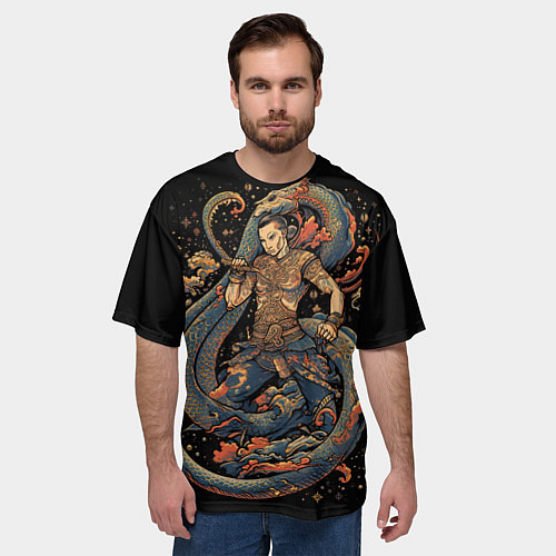 Мужская футболка оверсайз Боец Муай-тай и огромный дракон / 3D-принт – фото 3