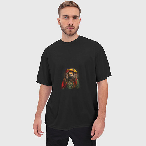 Мужская футболка оверсайз Лев хиппи с дредами на черном фоне / 3D-принт – фото 3