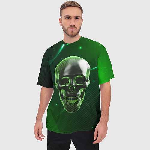 Мужская футболка оверсайз Череп на зеленом фоне / 3D-принт – фото 3