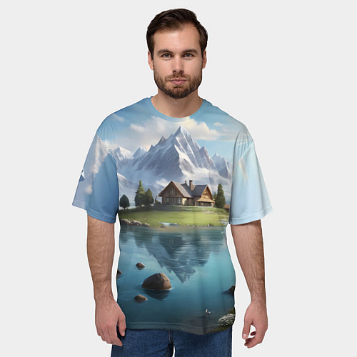 Мужская футболка оверсайз Чудесный день на берегу озера в горах / 3D-принт – фото 3