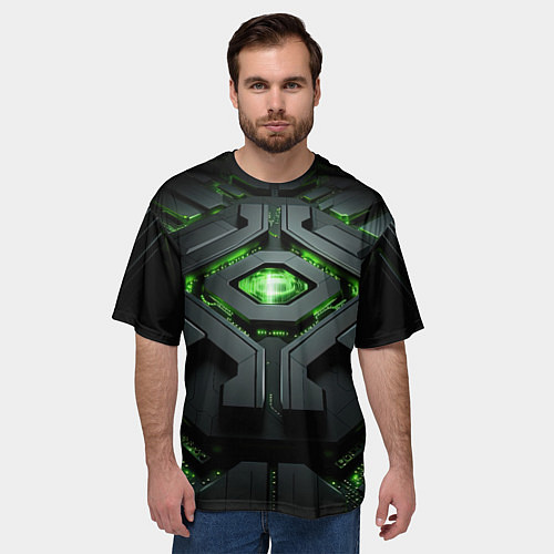 Мужская футболка оверсайз Объемная абстрактная яркая зеленая фигура на черно / 3D-принт – фото 3