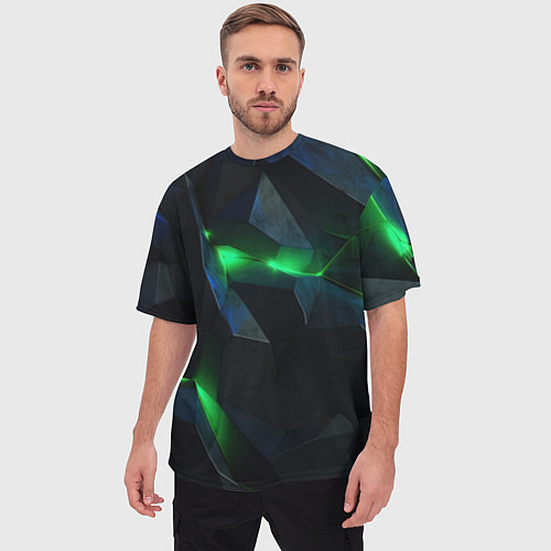 Мужская футболка оверсайз Объемная геометрическая зеленая неоновая абстракци / 3D-принт – фото 3