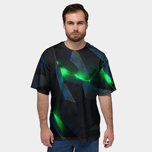 Мужская футболка оверсайз Объемная геометрическая зеленая неоновая абстракци / 3D-принт – фото 3