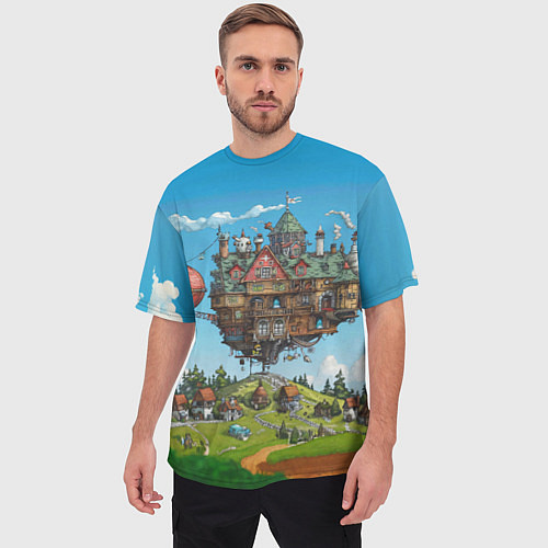 Мужская футболка оверсайз Фантастический парящий дом / 3D-принт – фото 3