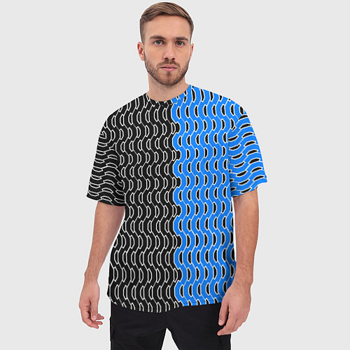 Мужская футболка оверсайз Чёрно-синий паттерн с белой обводкой / 3D-принт – фото 3