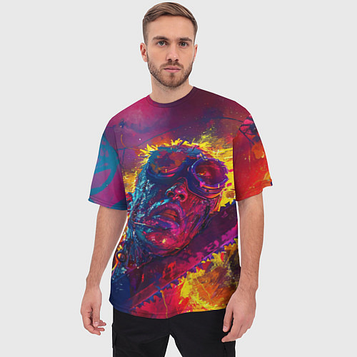 Мужская футболка оверсайз Человек с пилой в брызгах краски / 3D-принт – фото 3