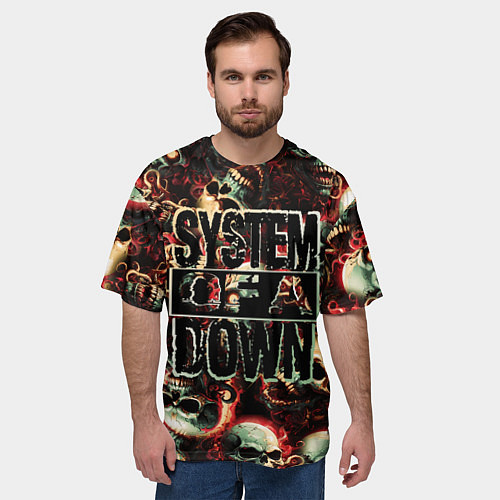 Мужская футболка оверсайз System of a Down на фоне черепов / 3D-принт – фото 3