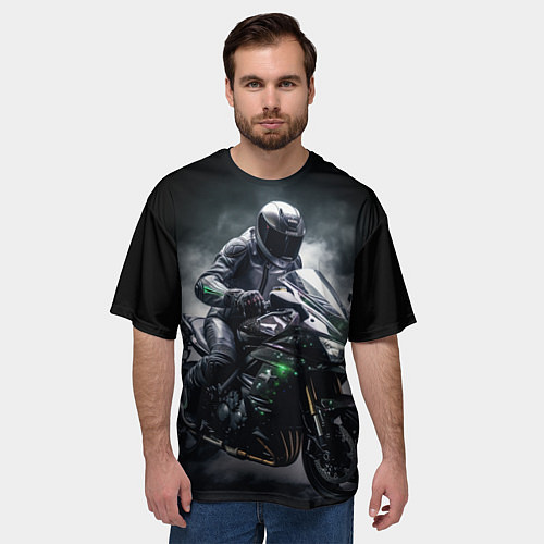 Мужская футболка оверсайз Мотоциклист и дым / 3D-принт – фото 3